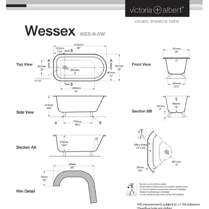 Wessex Claw foot bath 1525 x 761mm, without overflow, with White Quarrycast feet image