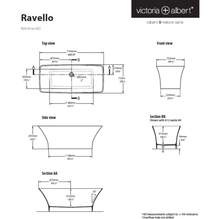 Ravello Freestanding bath 1743 x 753mm, without overflow image