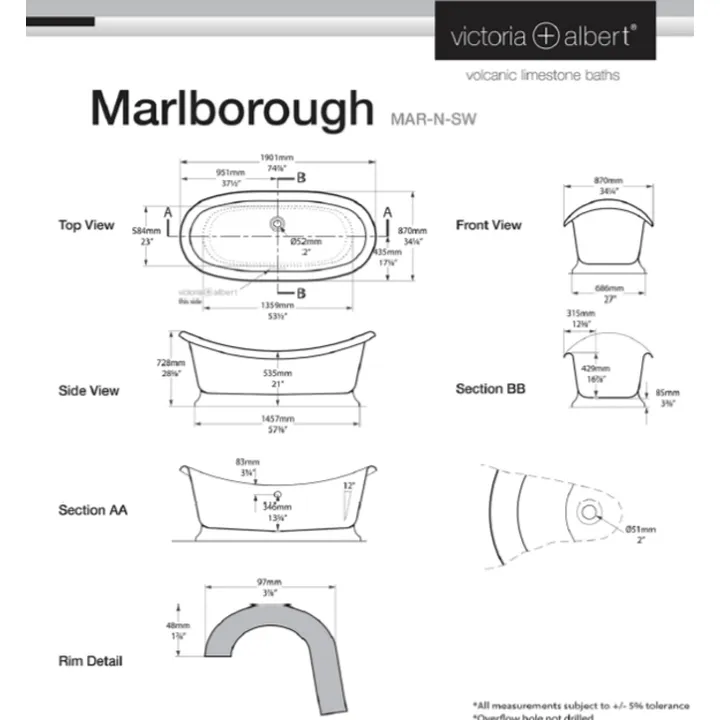 Marlborough freestanding bath with plinth 1901 x 870mm, without overflow image