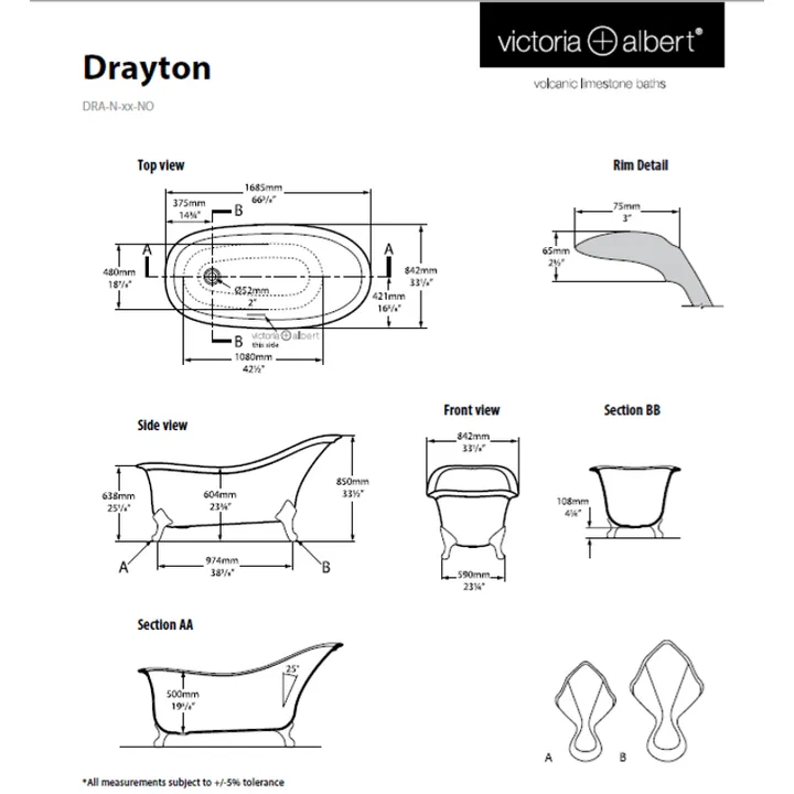 Drayton Claw foot bath 1685 x 842mm, without overflow, with White Quarrycast feet image