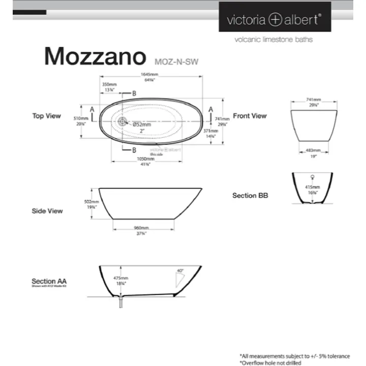 Mozzano Freestanding bath 1645 x 741mm, without overflow image