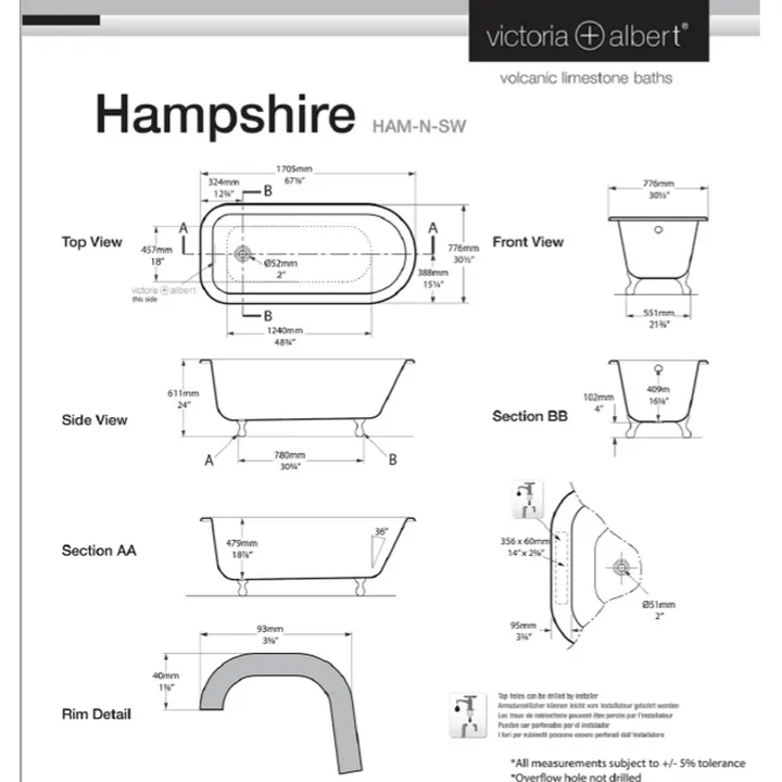 Hampshire Claw foot bath 1705 x 776mm, without overflow, with White Quarrycast feet image