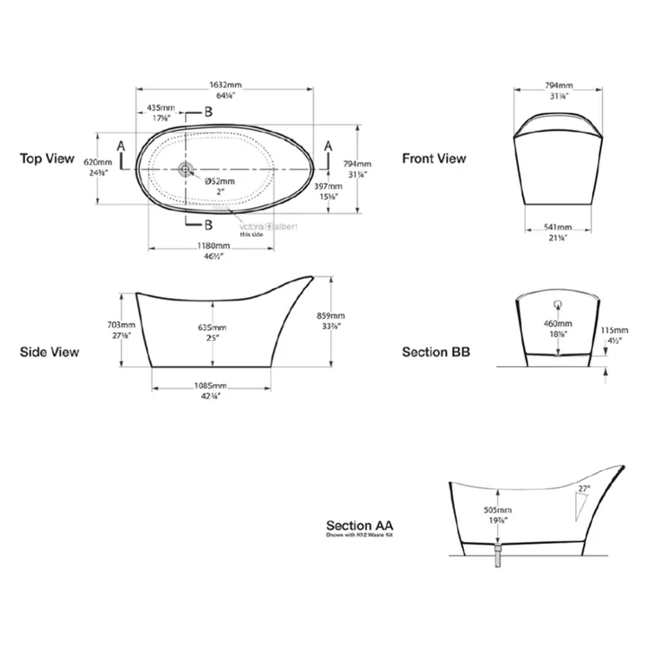 Amalfi Freestanding bath 1632 x 794mm, without overflow image