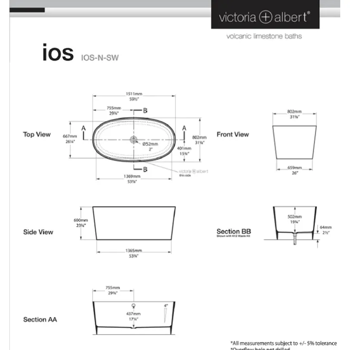 Ios freestanding bath 1511 x 802mm, without overflow image