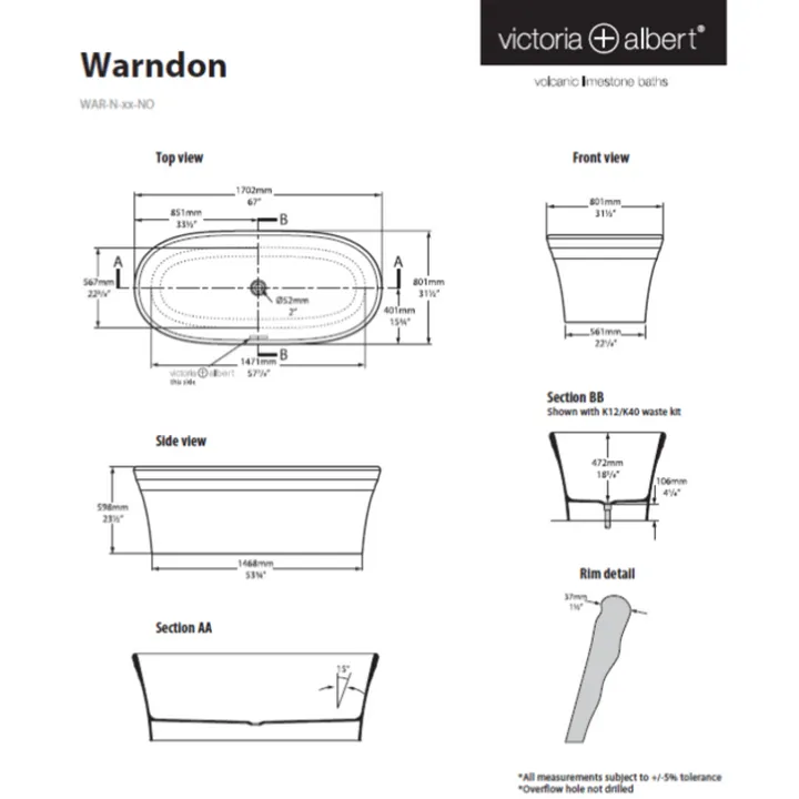 Warndon Freestanding bath 1702 x 801mm, without overflow image