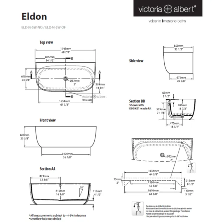 Eldon back to wall bath 1749 x 850mm, without overflow image