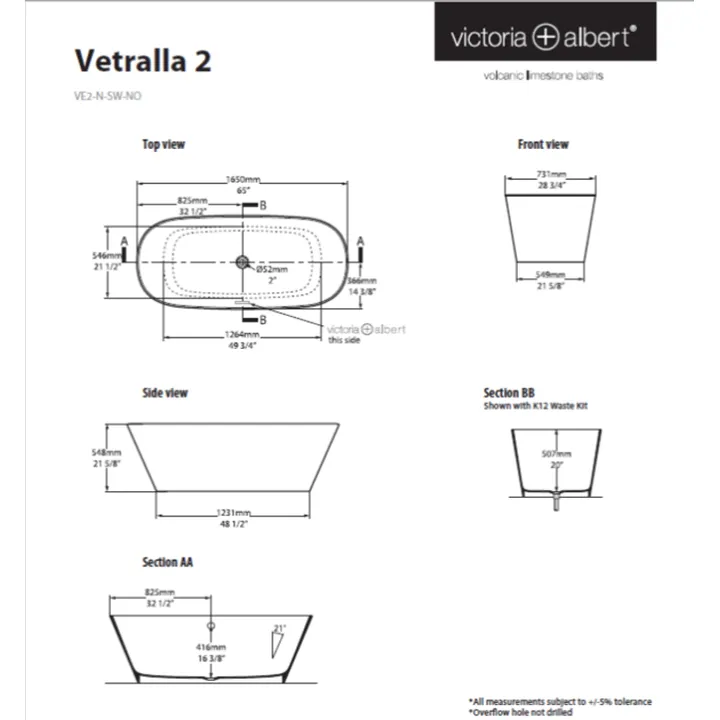 Vetralla 2 Freestanding bath 1650 x 731mm, without overflow image