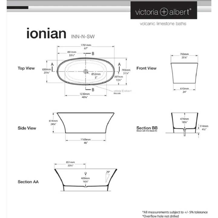 Ionian Freestanding bath 1701 x 793mm, without overflow image