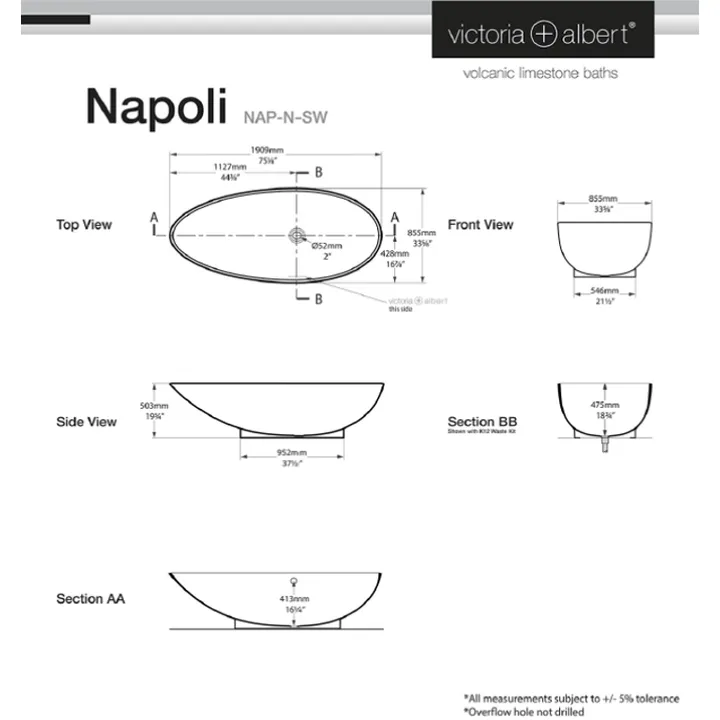 Napoli Freestanding bath 1909 x 855mm, without overflow image