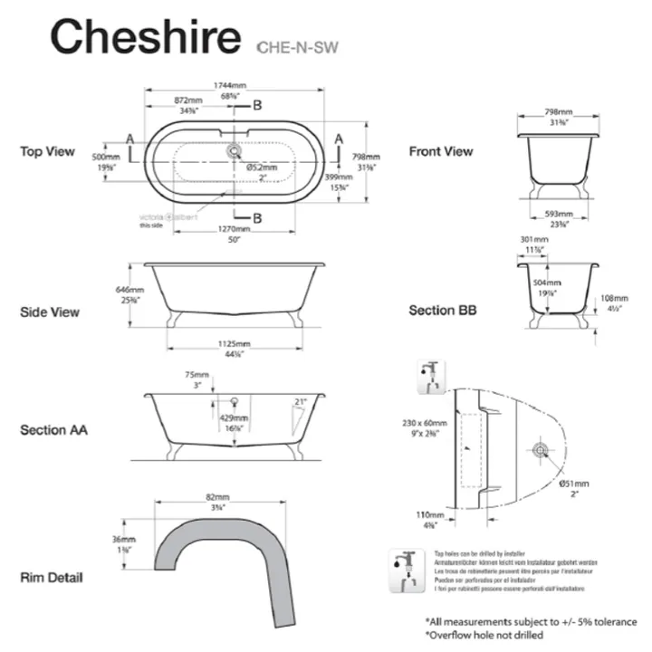 Cheshire Claw foot bath 1744 x 798mm, without overflow, with White Quarrycast feet image
